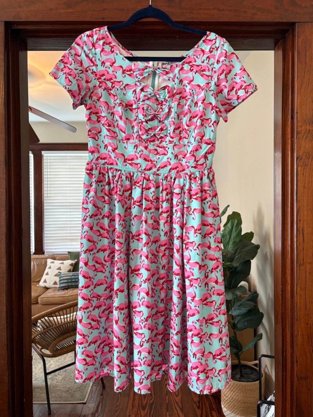 eShakti Flamingo Print Dress Pink & Mint Size Small 6